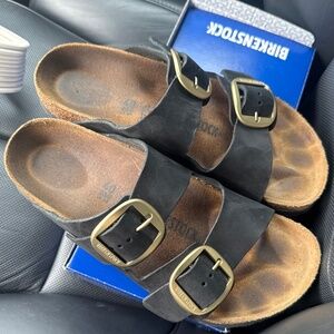 Birkenstock Black Sandals with Gold Buckles